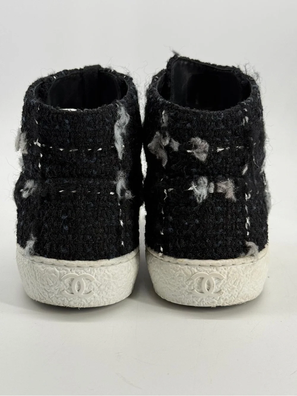 Chanel Black Suede Tweed Mid Top Lace-Up Sneakers Size 6.5